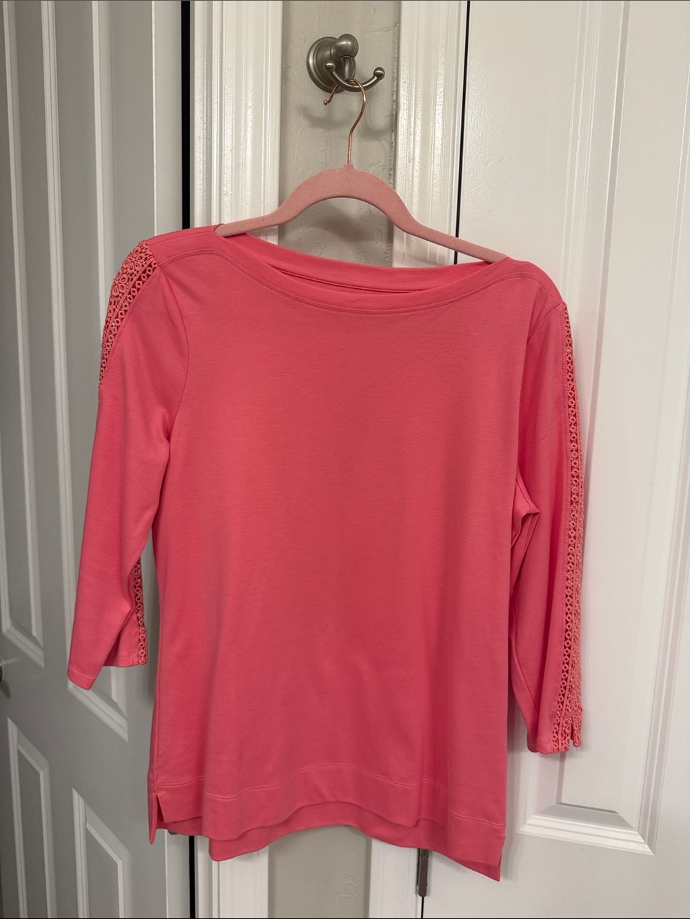 Appleseed's Coral Pink Crochet-Trim 3/4 Sleeve Top